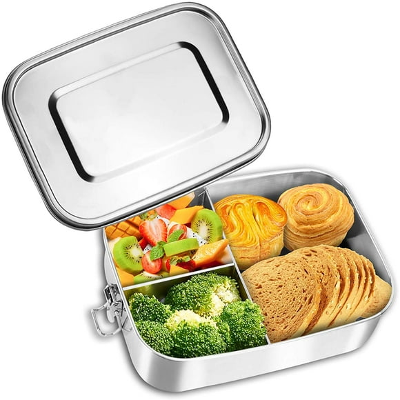 Stainless steel lunch box, 1400ml lunch box stainless steel leak-proof lunch box with 3 dividers, plastic-free lunch box Bento box for adults