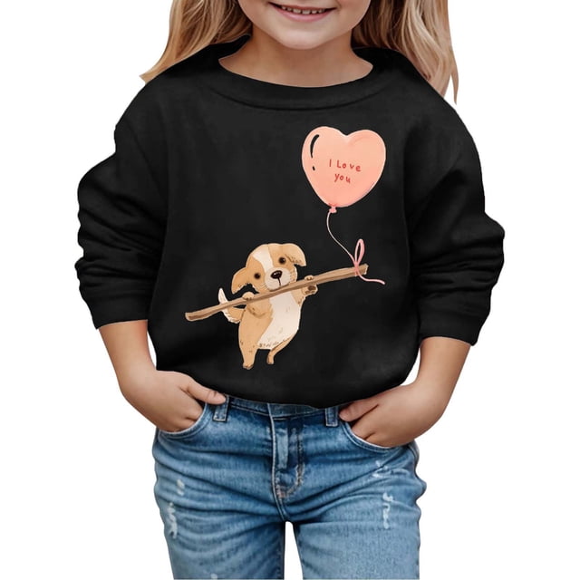 PMVFHDE Chandails en Molleton à Col Rond Fille Automne et Hiver Saint-Valentin Imprimé Chiot à Capuche pour Enfants Noir, 2-3 Ans