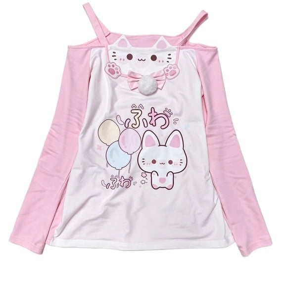 Y2K Off Shoulder Shirt Cute Cartoon Print Long Sleeve Sweatshirt Fall Casual Kawaii Cutecore Pullover Tops