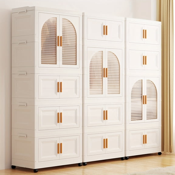 25.6"W Foldable Plastic Wardrobe Storage Cabinet with Magnetic Door & Wheels, Freestanding Closet Organizer with Hanging Rod, Storage Boxes, 10 Hangers & Hooks for Bedroom Clothes Storage