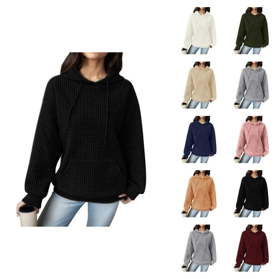 Waffle Hoodies for Women 2025 Long Sleeve Loose Fit Plain Hoodie with Pockets Hooded Sweatshirt Women Pullover