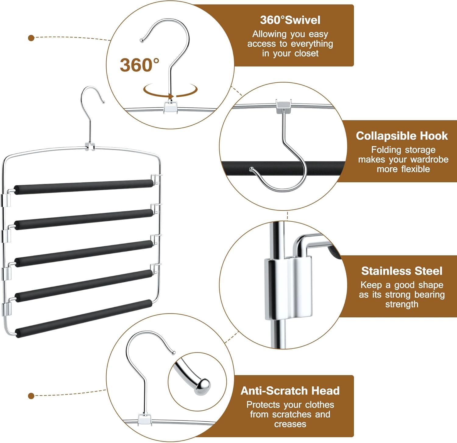 Manss Pants Hangers, 3 Pack Anti-Slip Space Saving Hangers, 5 Layer Swing Arm Pants Hanger Stainless Steel with Non-Slip Padding, Closet Organizers & Storage(Black)
