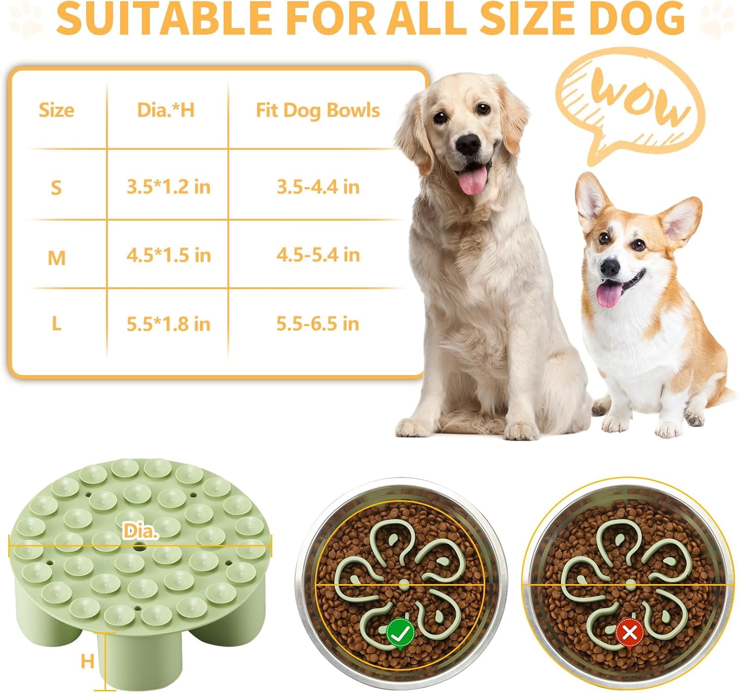 Slow Feeder Dog Bowls Insert,  Soft Silicone Slow Eating Dog Bowl Insert with Suction Cups for Small, Medium and Large Dogs(Green S)