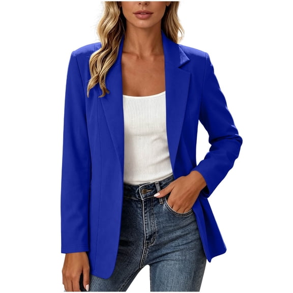 Floleo Women's Open-Front Notched Lapel Blazer, Long Sleeve Tailored Casual Jacket In Multiple Solid Colors(Blue,M)