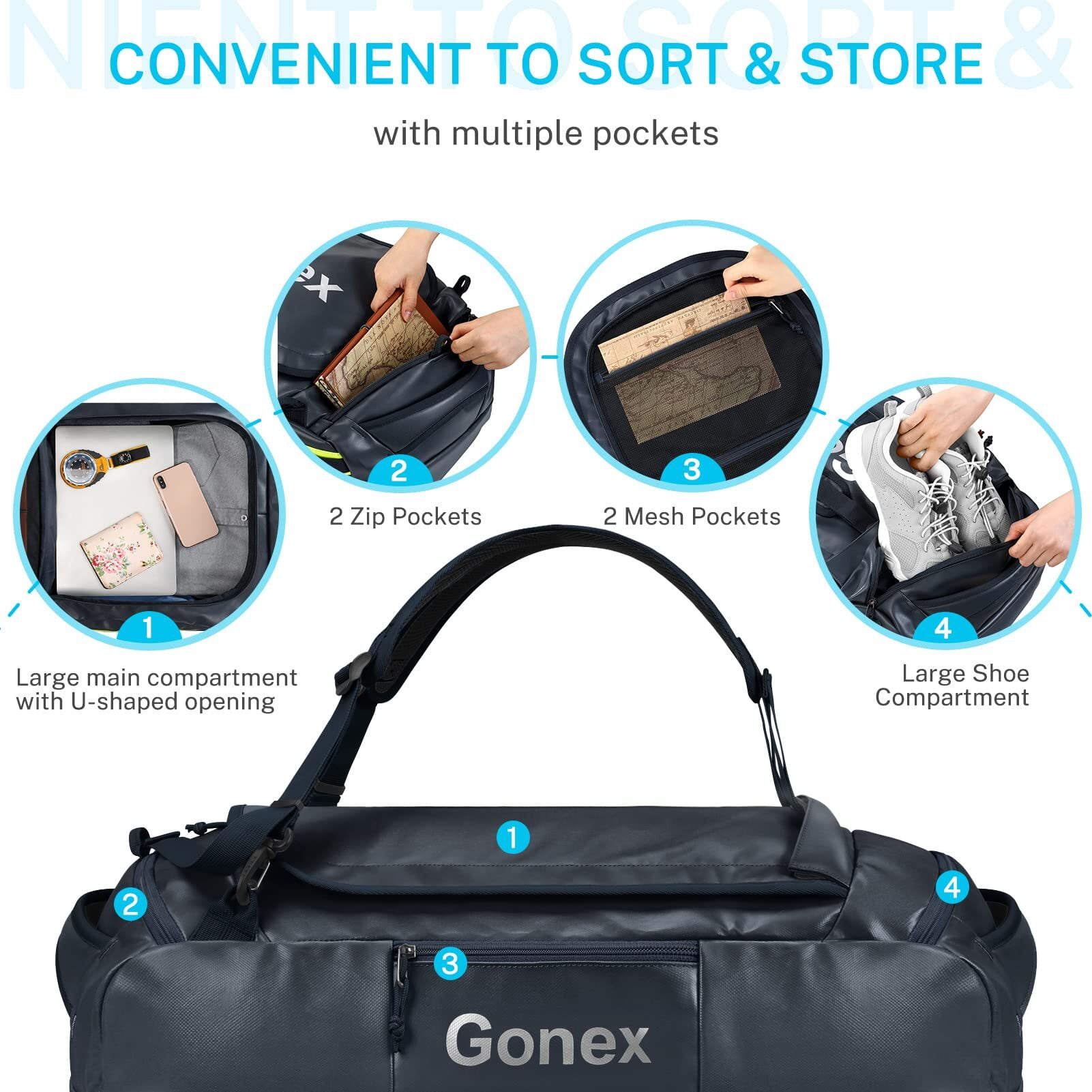 Gonex 60L Travel Duffel Bag Foldable Gym Bags Water-Repellent with Backpack Strap, Shoes Compartment