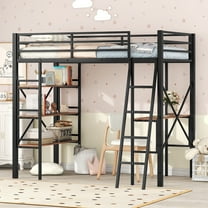 Kacho Twin Loft Bed, Twin Size Metal Loft Bed with Shelves and Desk, No Box Spring Needed, Easy Assembly, Noise Free, Black