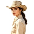 thumbnail image 3 of Cowgirl Cowboy Hat for Women Men Roll Up Wide Brim Fedora Western Hat with Belt Buckle Beach Vacation Summer, 3 of 5