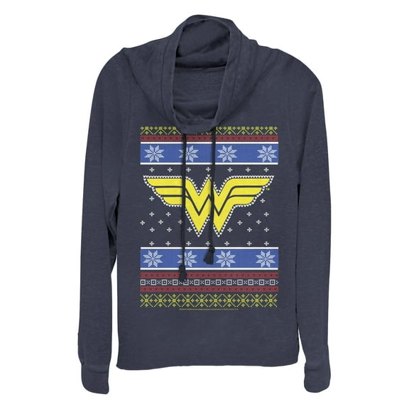 Junior's Wonder Woman Ugly Christmas Sweater Print Logo Cowl Neck Sweatshirt
