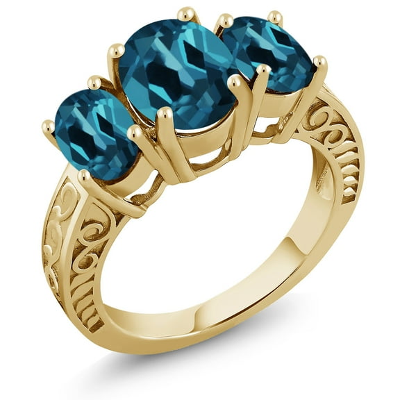 Gem Stone King 3.60 Ct Oval London Blue Topaz 18K Yellow Gold Plated Silver 3-Stone Ring (Size 6)