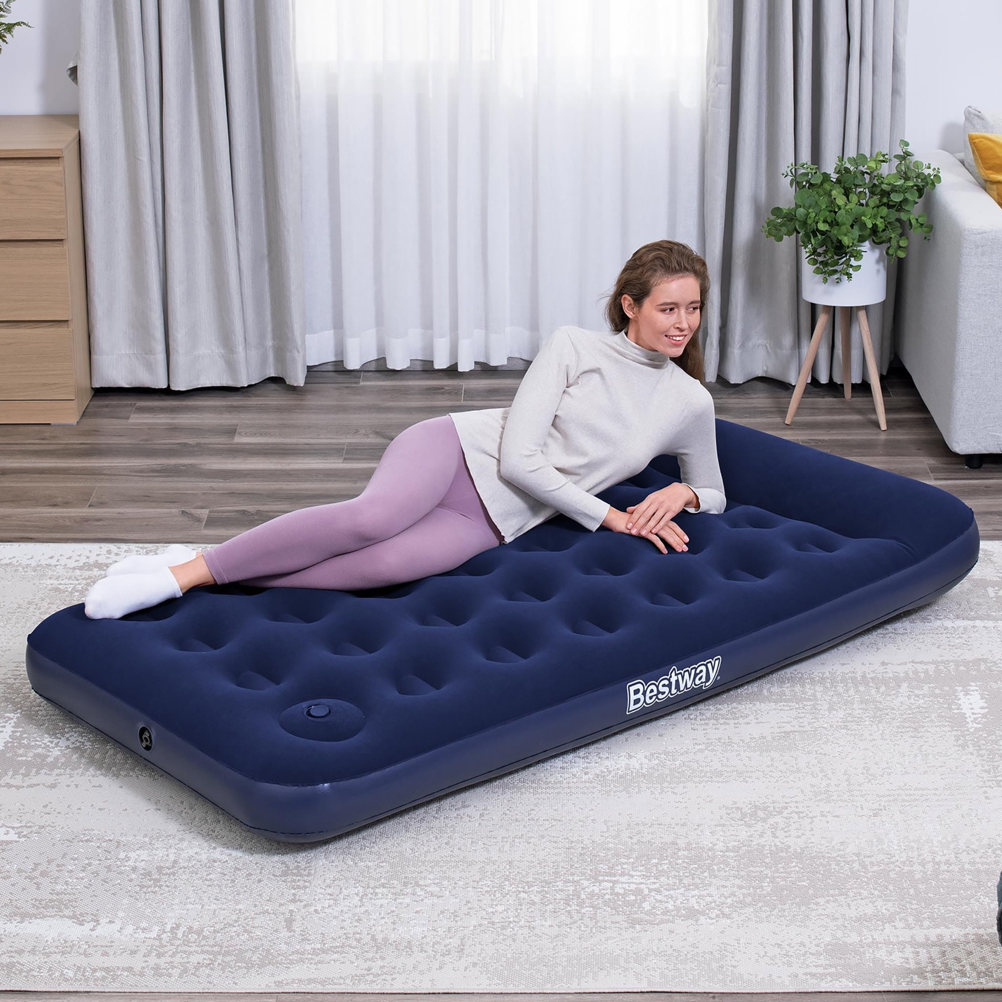Bestway: Twin Flocked Air Bed - Blue, Inflatable Mattress, 74x39x11", Built-In Foot Pump & Pillow, Coil Beam Support Construction, Plush Top, Outdoor
