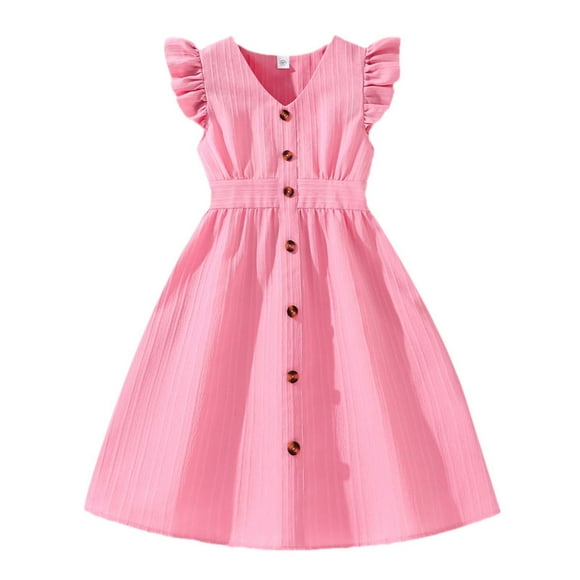 Kids Dress Summer Casual Dress Sleeveless A Line Button Down Ruffle Hem Striped Baby Girl Dresses Hot Pink 9 Years-10 Years