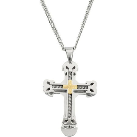 Men's 316L Stainless Steel and Gold IP Cable Wire Cross Pendant, 24
