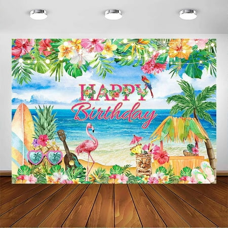 Summer Beach Birthday Backdrop Hawaiian Flamingo Beach Theme Birthday Party Background Decorations Summer Tropical Aloha Luau Party Cake Table Banner Photo Booth Props