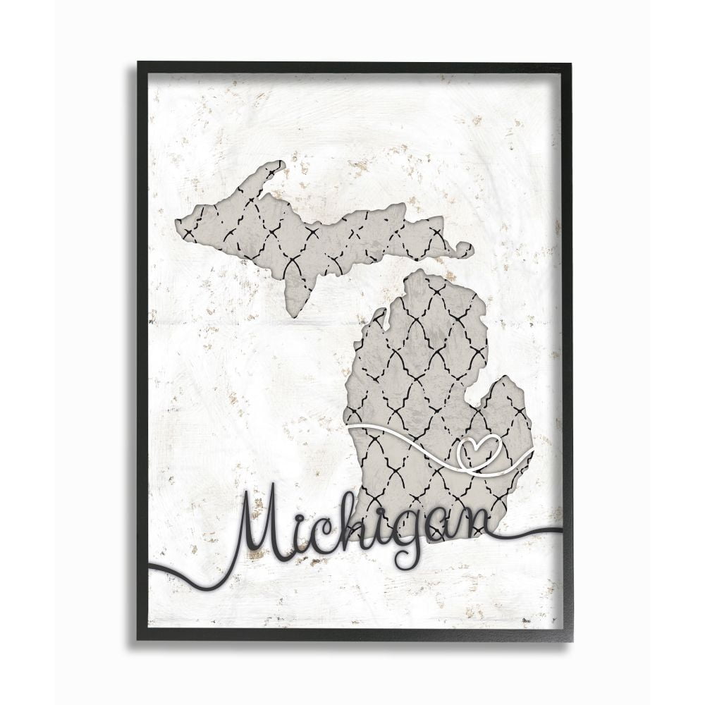 Stupell Industries Michigan Patterned Grey US State Design Framed Wall Art by Ziwei Li