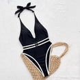 thumbnail image 4 of Enjoytime Women's Swimwear Color Block V-Neck Tummy Control One Piece Bathing Suit Tie Halter Backless Swimwear, 4 of 6