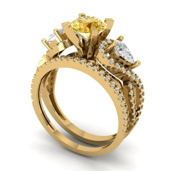 Clara Pucci 14K Yellow Gold Round Cut 1Ct Natural Citrine Engagement Ring Matching Band - Luxury Box Included