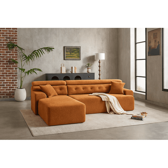LY-029B Convertible Chaise Sectional Sofa, Full Compression Sponge Modular Couch for Apartment Living Room,Orange 3-Seater with Wood Grain Chenille, 2 Pillows Included, 86"L