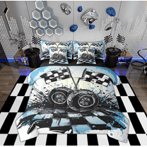 Feelyou Vintage Checkered Flag Twin Bedding Sets 7-Piece, Modern Sports Car Bedding Comforter Set, Teen Boy Girl Kid Reversible Sheet Sets, Lightweight Room Decor