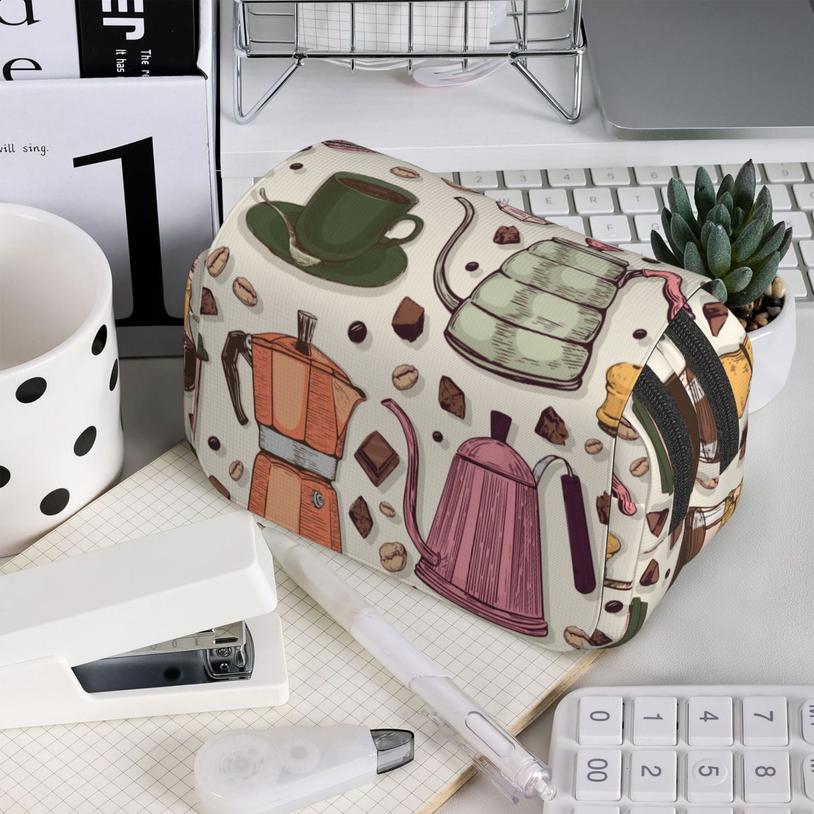 Rateoe Vintage Coffee Pattern Double Clamshell Pen Case, Storage Organizer with Two Zipper Compartments– Holds Up to 50 Pencils & Pens