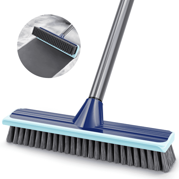 MYSPRI Floor Scrub Brush with Long Handle, 2-in-1 Stiff Bristle & Scraper for Shower, Bathroom, Kitchen, Deck & Tub Cleaning