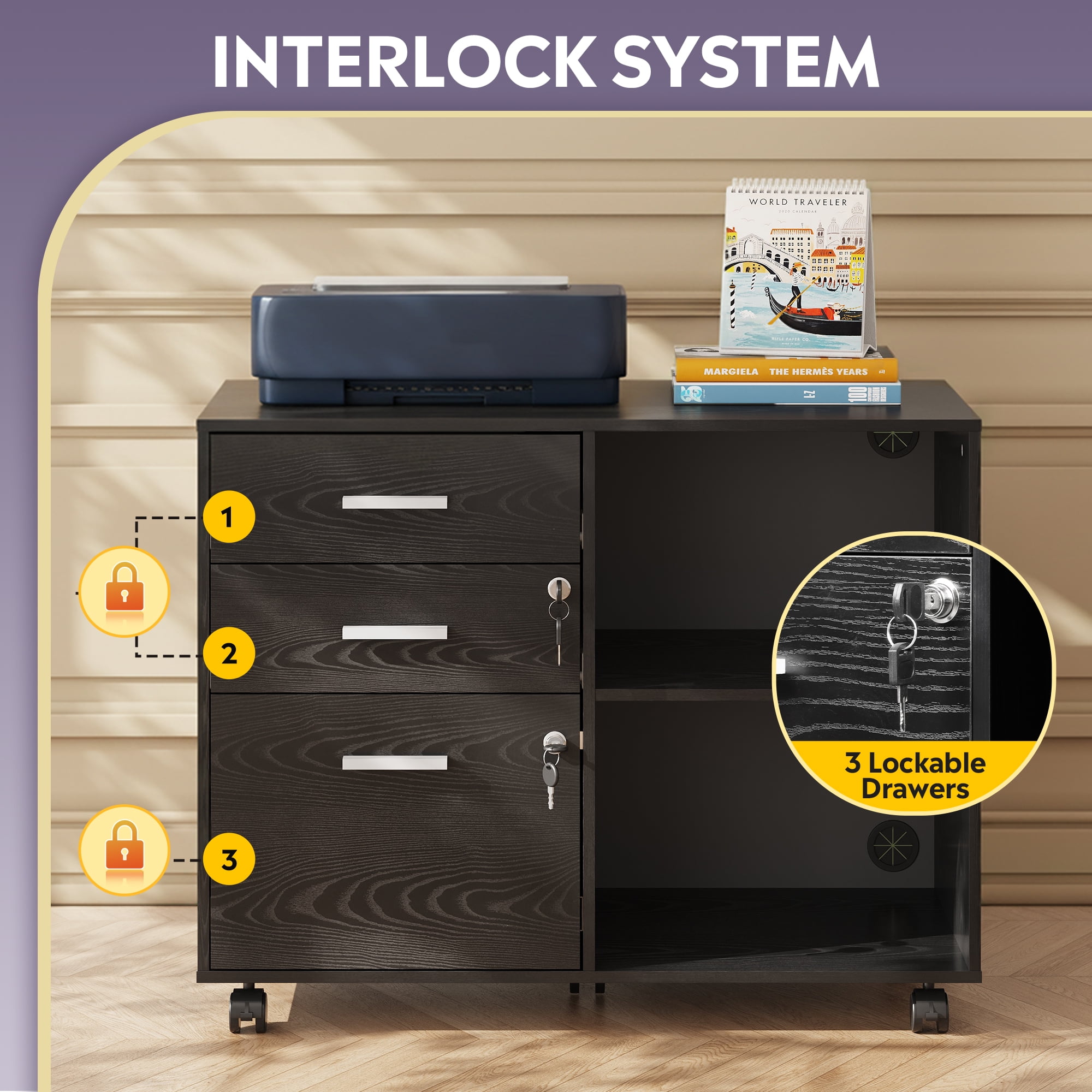 GALAXHERO 3-Drawer File Cabinet with Lock and Key, Mobile Wood Lateral Filing Cabinet & Printer Stand with Open Shelves for Home Office, Black