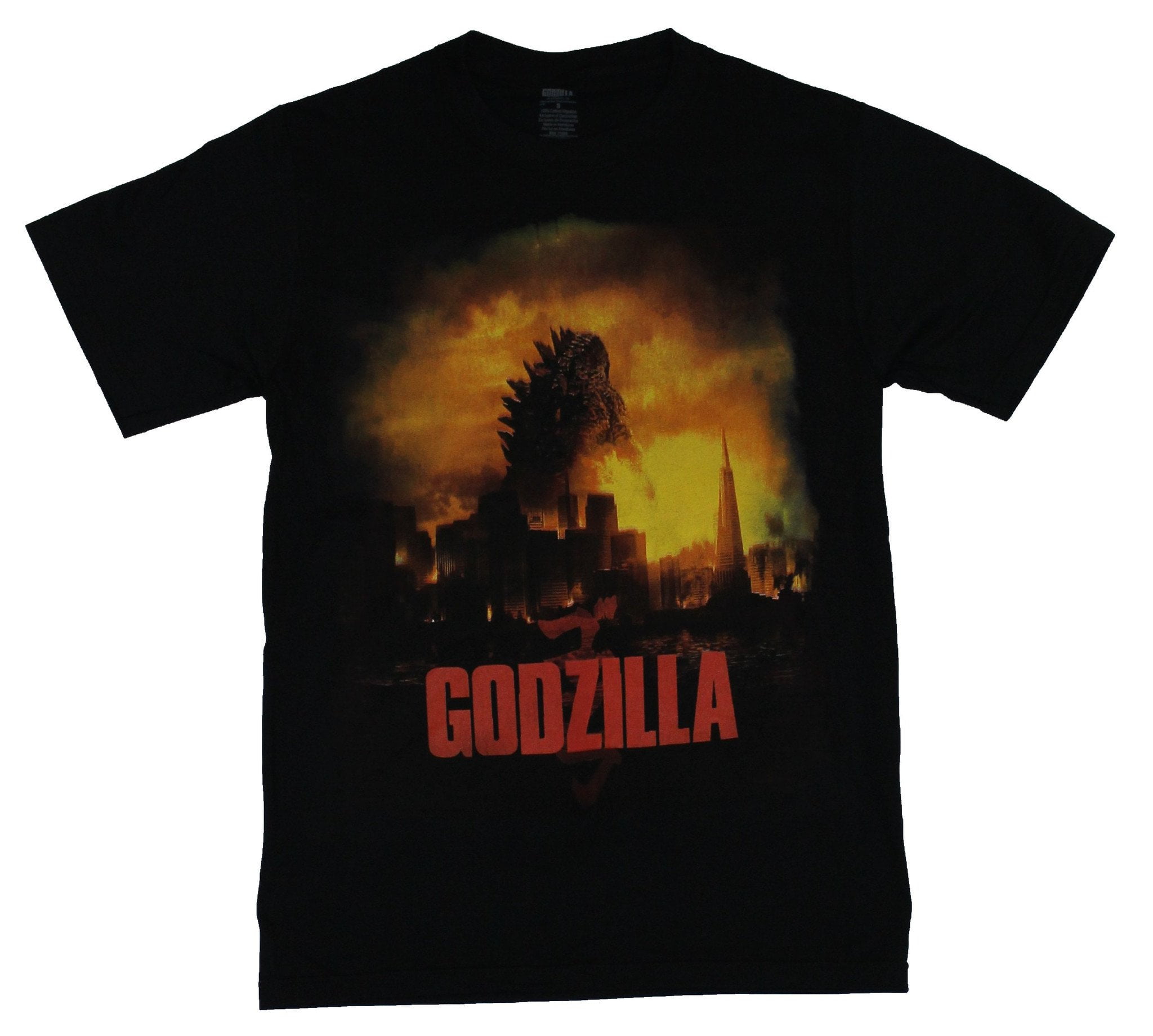 Godzilla Mens T-Shirt - Orange Fire City Explosion Image (Large