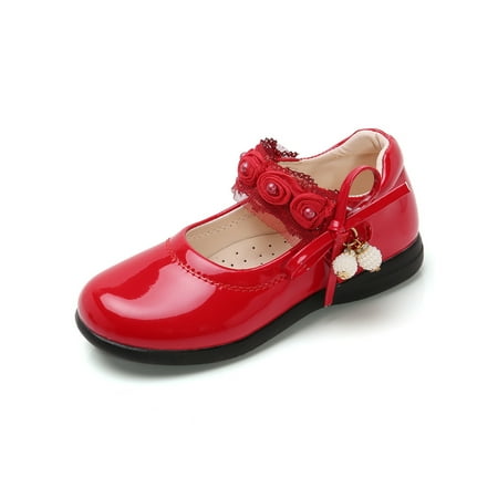 

Sanviglor Girl s Mary Jane Sandals Magic Tape Flats Bow Princess Shoe Party Closed Toe Flowers Flat Shoes Sweet Ankle Strap Red 9.5C