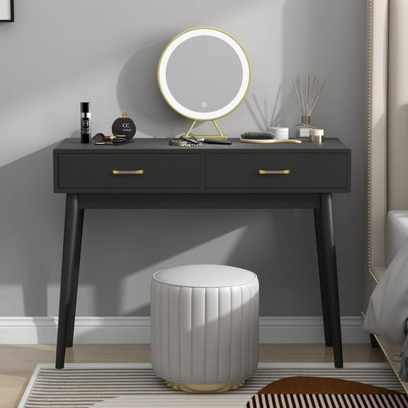 Black Small Writing Desk with Drawers, 40 Inch Writing Desk for Home Office, Vanity Desk with Solid Wood Leg for Small Spaces
