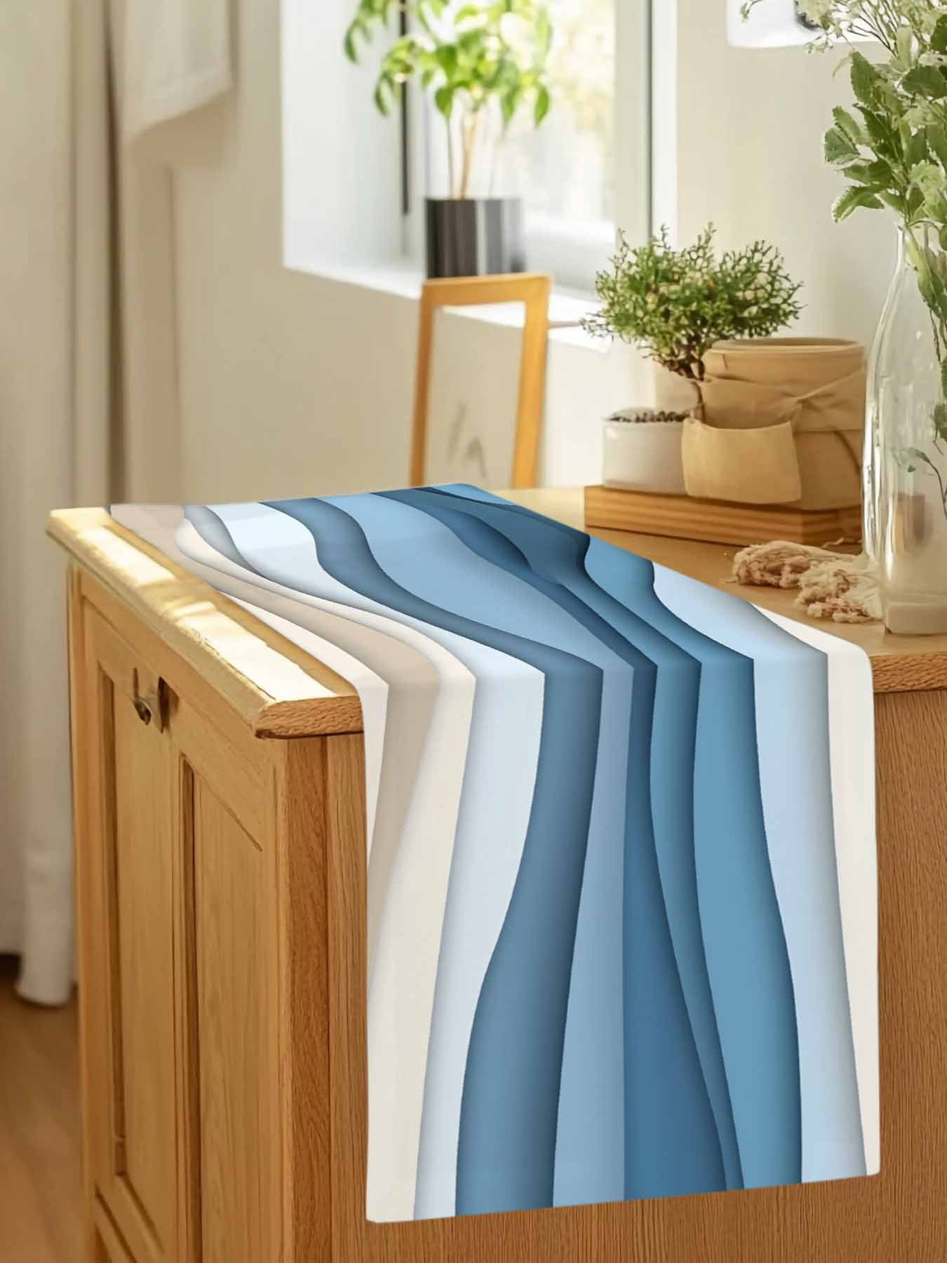 Ocean Blue Water Ripples Table Runner 90 Inches Long, Abstract Geometric Gradient Table Runners Tabletop Scarf Kitchen Dining Tables Decoration for Home Party Indoor Outdoor