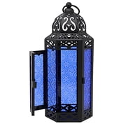 Moroccan Metal Candle Lantern Holder with LED Fairy String Lights, Medium, White Gold