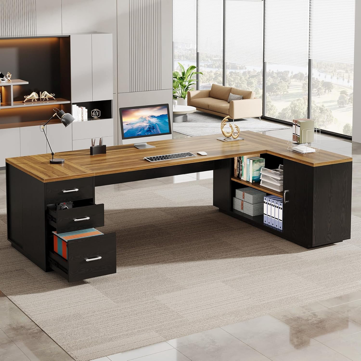 Tribesigns 85.8-Inch L-Shaped Executive Desk, Extra Large Modern Office Desk with File Drawers, Door Cabinet & Shelves, Brown&Black