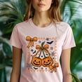 thumbnail image 5 of Pumpkin Bow Graphic T-Shirt | Unisex Spooky Season Outfit, Light Pink, Size 2XL, 5 of 6