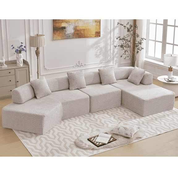 Vtng Furniture Modern Minimalist Boucle Modular Sofa with Chaise and 4 Seats, Gray