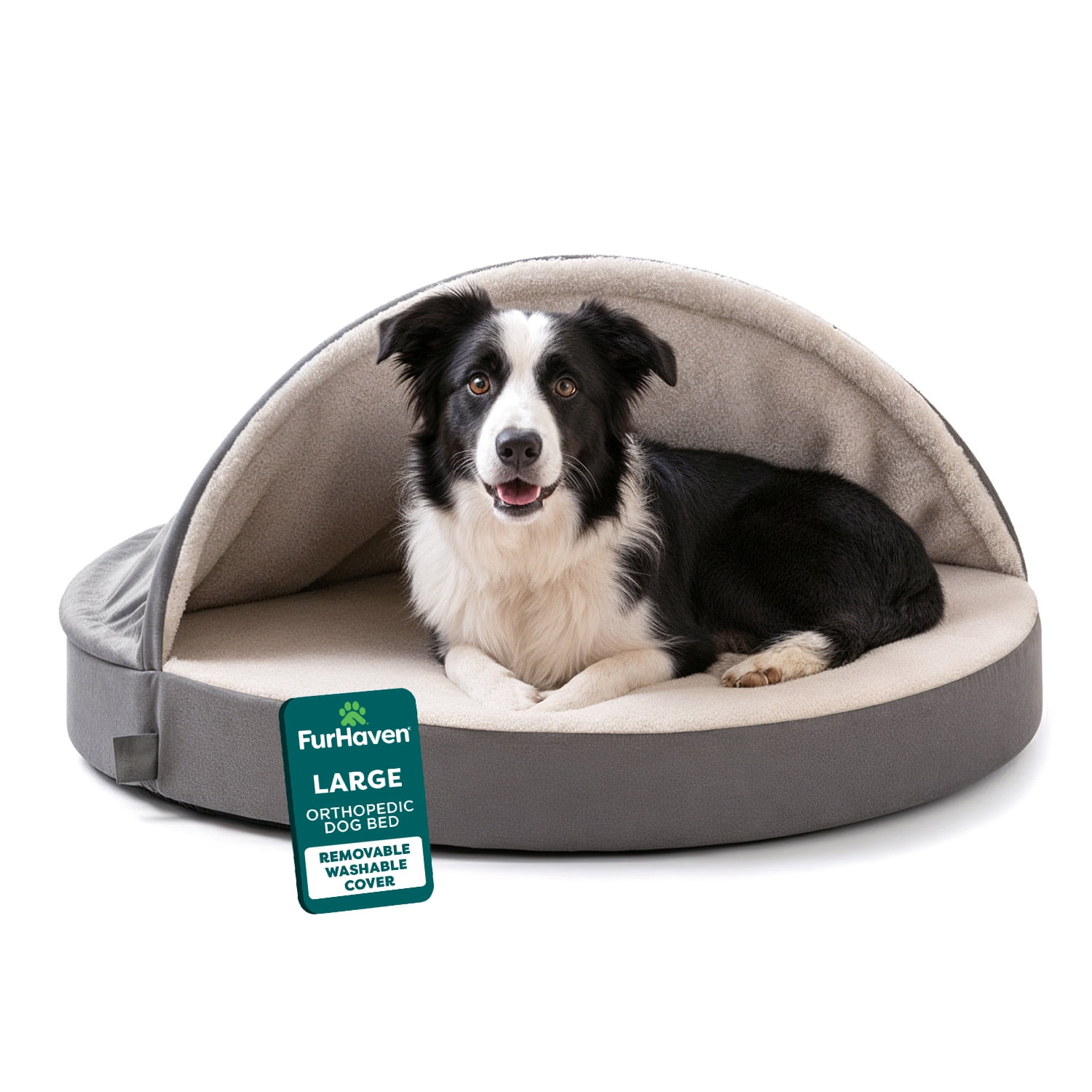FurHaven Round Orthopedic Dog Bed for Large Dogs, Egg Crate with a Solid Orthopedic Foam Base with Attached Blanket Hood and Removable Washable Cover, Large, Sherpa & Suede Snuggery, Gray