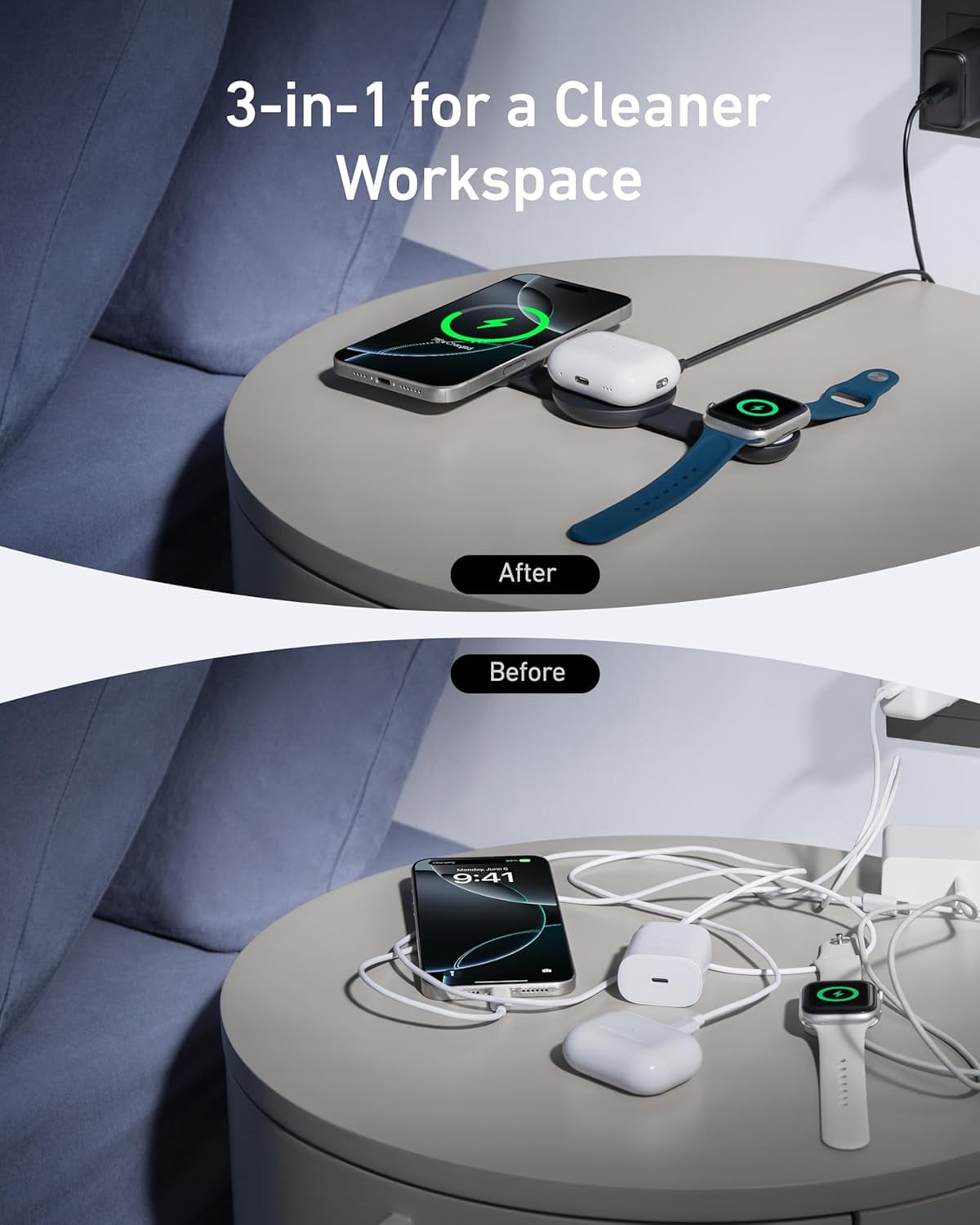 Anker MagSafe Compatible MagGo UFO 3-in-1 Charger, iPhone 17 Wireless Charging Station, 15W Qi2 Certified, Foldable Travel Charging Pad
