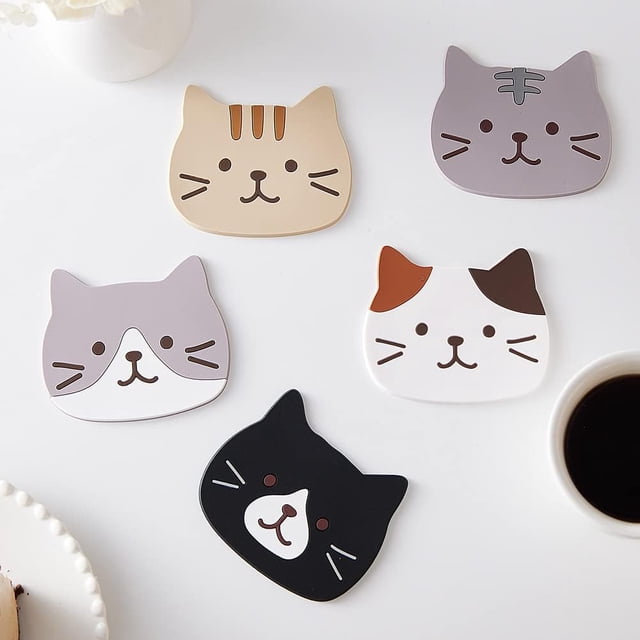 Cute Cat Cup Colorful Mats Silicone Rubber Faces Insulated Durable Non Slip Hot Pads Set of 5, Kawaii Cat Shaped Coasters (5pcs)