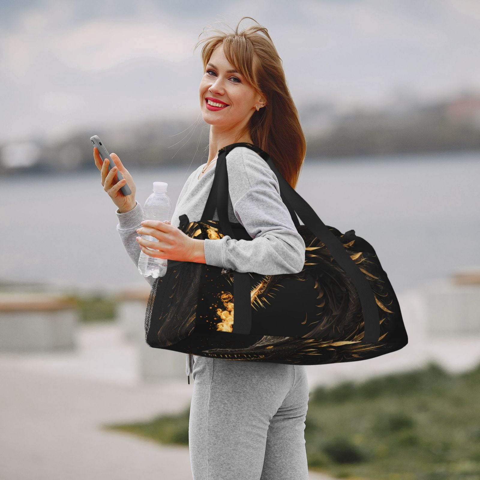 Fuzoiu Black And Gold Fire Dragon Print Travel Duffle Bag,Carry On Tote Bags,Duffel Bag,Sport Gym Bag, Hospital Bag for Labor and Delivery, Overnight Bag,Luggage Bag