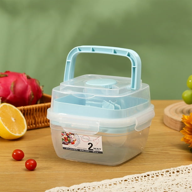 XWSHYW Aparatos de Utensilios de Cocina. Fiambrera Bento Box Fiambrera Portátil Tazón de Doble Capa con Tapa y Cuchillo y Tenedor Tazón Portátil de Fruta Reutilizable para Microondas Fiambrera Transp