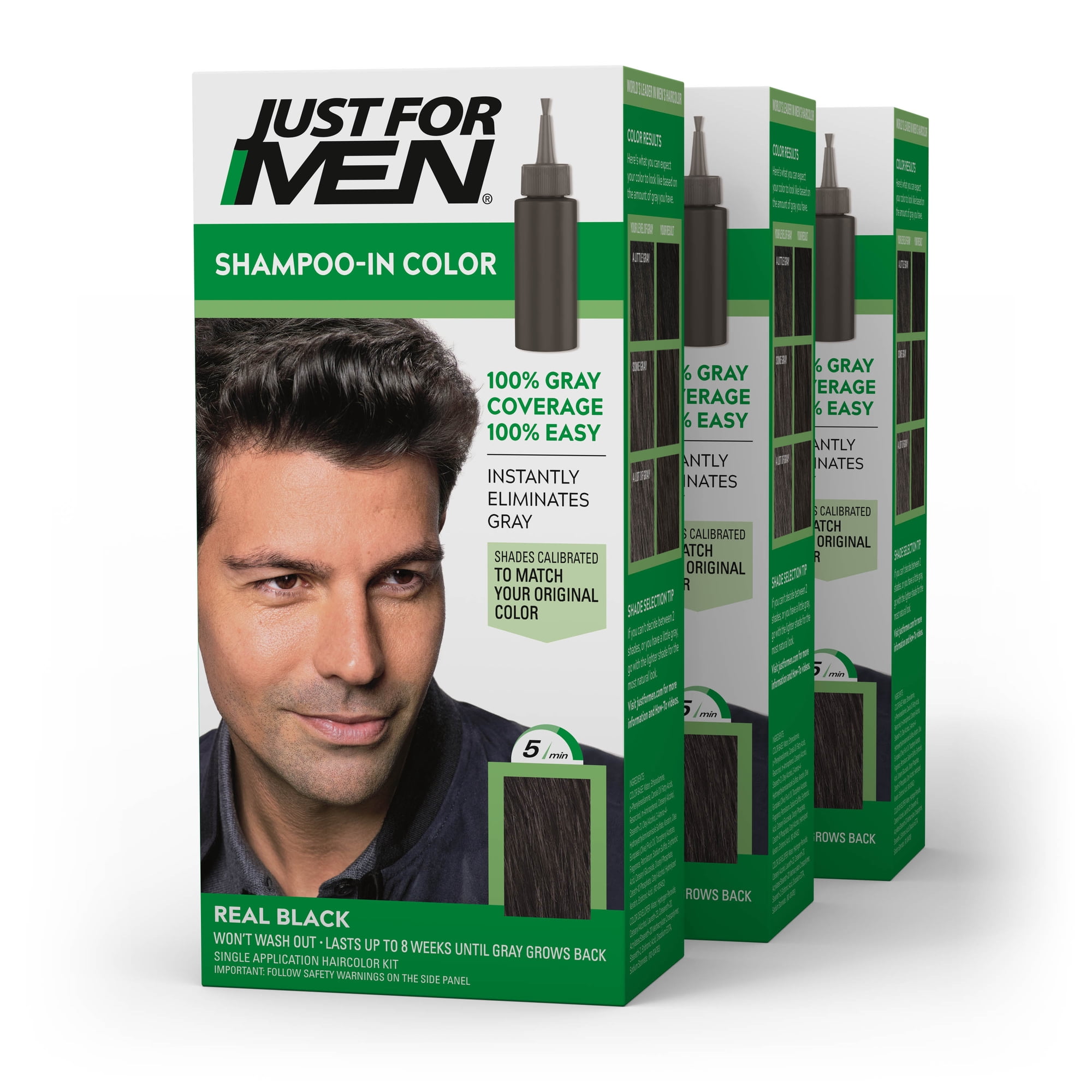Just For Men Shampoo-In Haircolor, Gray Men's Hair Color - H-55 Real Black (3 Pack)