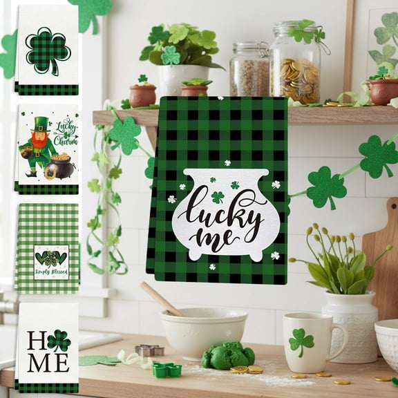 Yhmxh St Patricks Day Kitchen Towels, 18x26 Inch Shamrock Buffalo Plaid Green Dish Cloths Seasonal Spring Bathrrom Hand Towels Holiday Saint Patricks Day Decor Irish Tea Towel for Kitchen Gifts