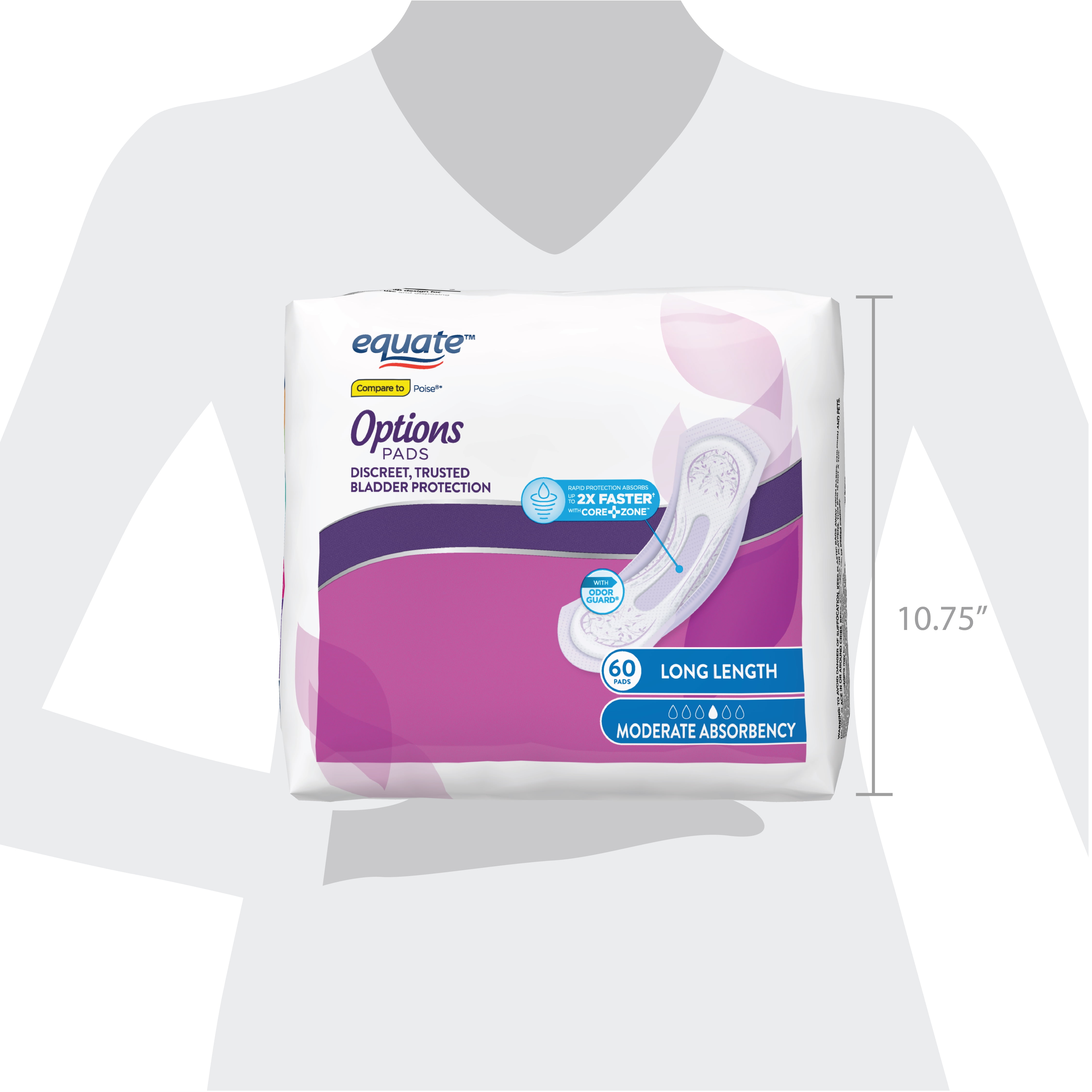 Equate Options Women's Incontinence Pads, Moderate Absorbency, Long Length, 60 Count