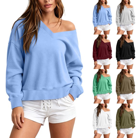 Mutghys Off the Shoulder Sweatshirt for Women V Neck Solid Color Long Sleeve Pullover Sweater Home Daily Shopping Loose Comfy Fall Sweatshirts S-2XL