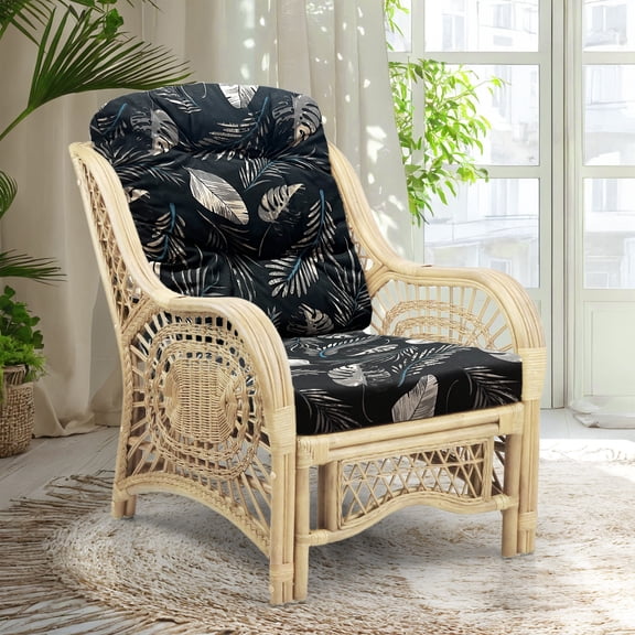 Malibu Lounge Armchair ECO Natural Rattan Wicker Handmade Design with Black Leaf Cushion, Natural Color