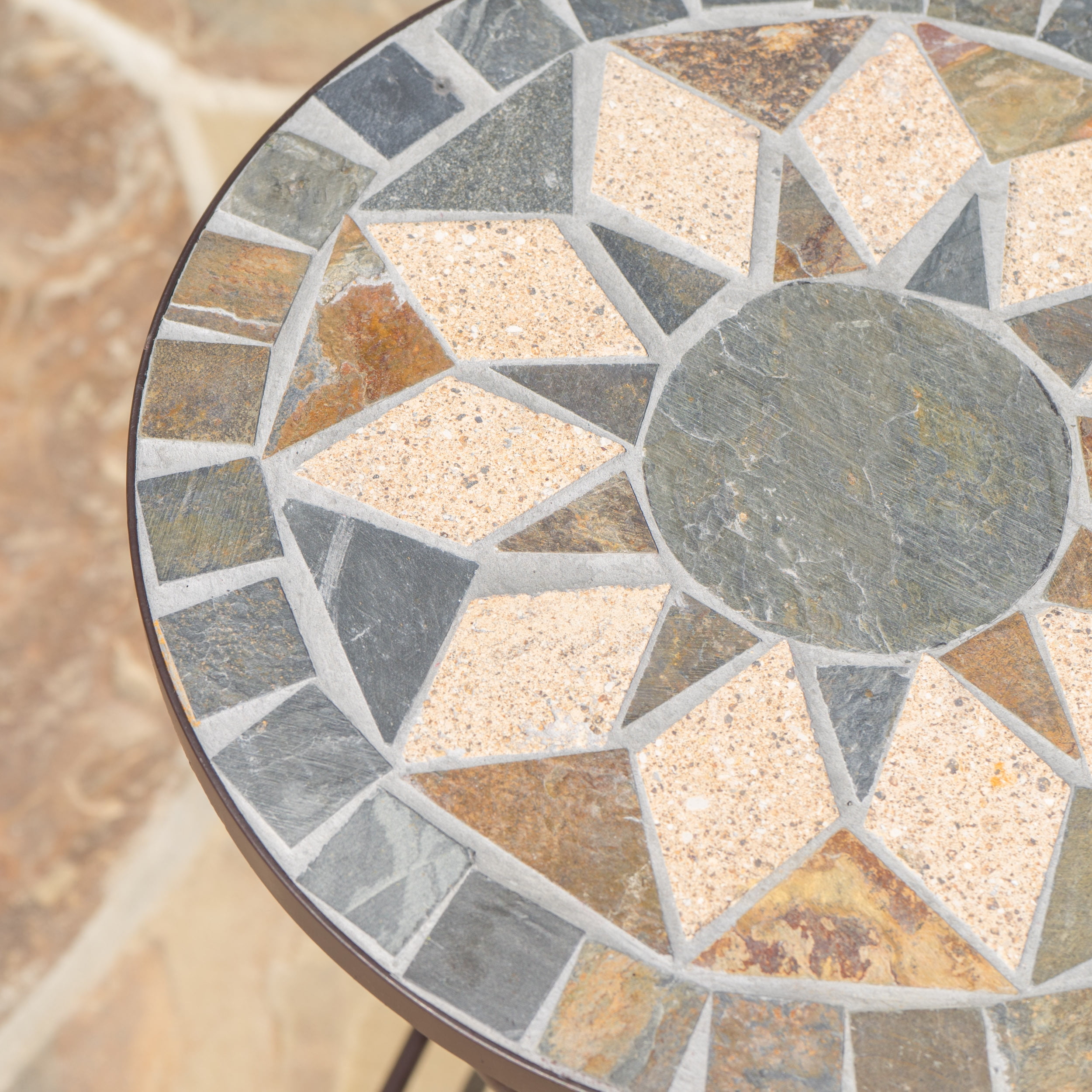 Owen Outdoor Stone Side Table with Iron Frame, Beige and Black