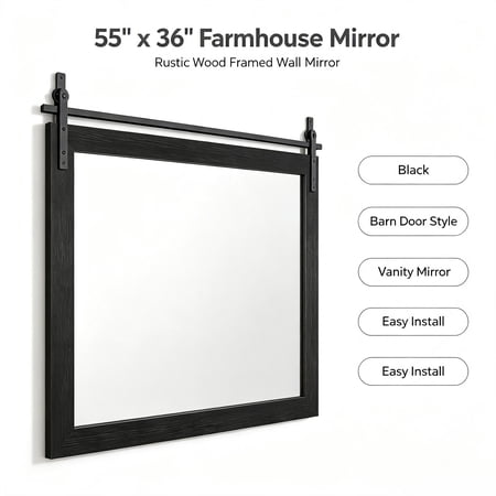 KAIFENG 55×36 Farmhouse Barn Door Wall Mirror Black Rustic Wood Framed Tempered Glass Vanity Mirror Decorative Wall Mount Mirror for Bathroom Bedroom Entryway