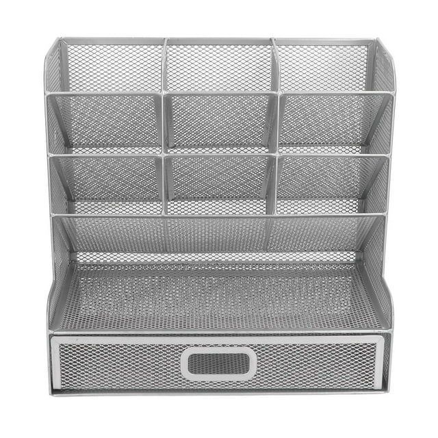 Mesh Pen Organizer, 9 Compartments Pull Out Drawer 45° Tilt Iron Mesh Silver Mesh Desk Organizer For Markers For Rulers