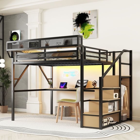 Queen Size Metal Loft Bed with Desk, Charging Station, Stairs, Wardrobe and RGB Lights for Kids and Teens