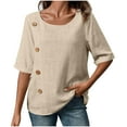 thumbnail image 3 of Women's Summer Short Sleeve Button Down Shirt Tops Blouses Tunics Round Neck Loose Fit Solid Color Casual Work Office Vacation Travel Outfits Fashion Essential Gift for Ladies, 3 of 8