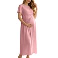 thumbnail image 3 of UKHCCC Women's Maternity Maxi Dress, Short Sleeve Crew Neck A-Line Waffle Texture Stretchy High Waist Long Dress for Casual Pregnancy Wear, 3 of 9