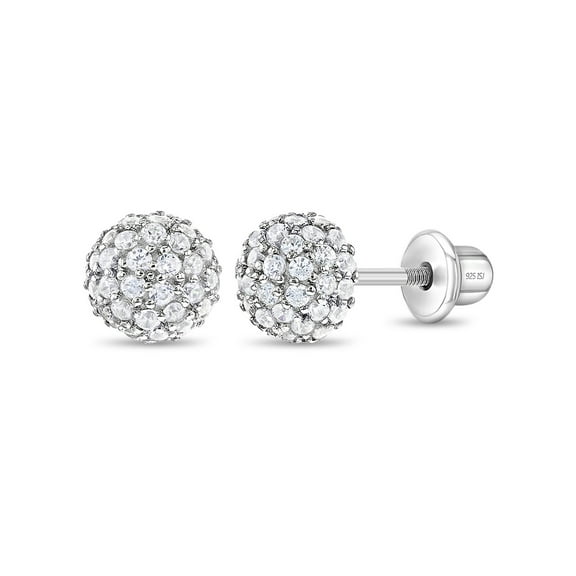 Large Ball of Gems CZ Kids / Girls Earrings Screw Back - Sterling Silver